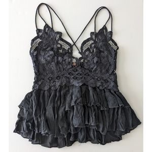 Free People Black Lace Camisole Bralette Tank Top Peplum ruffles